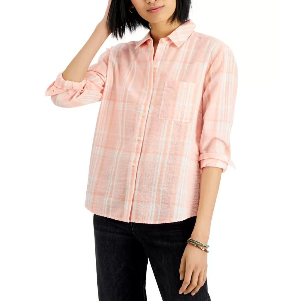 Style & Co Cotton Plaid Boyfriend Shirt, Sunny Pink